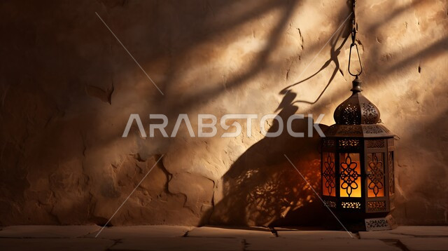 A luminous decorative metal Arabic lantern hanging on a stone wall, Arab customs and traditions in holiday decorations and religious occasions, traditional antiques and decorations to celebrate the advent of the holy month of Ramadan, a Ramadan and Islamic spiritual atmosphere