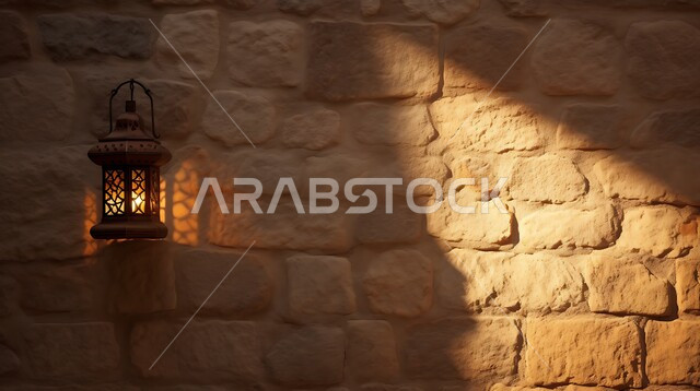 Traditional antiques and decorations to celebrate the advent of the holy month of Ramadan, a Ramadan and Islamic spiritual atmosphere, a bright ornate metal Arabic lantern hanging on a stone wall, Arab customs and traditions in decorations for holidays and religious occasions.