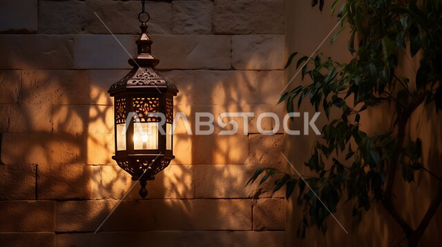  فانوس عربي معدني مزخرف مضيء معلق على جدار حجري، العادات والتقاليد العربية في زينة الأعياد والمناسبات الدينية, تحف وديكورات تقليدية للاحتفال بقدوم شهر رمضان المبارك، أجواء رمضانية وروحانية إسلامية