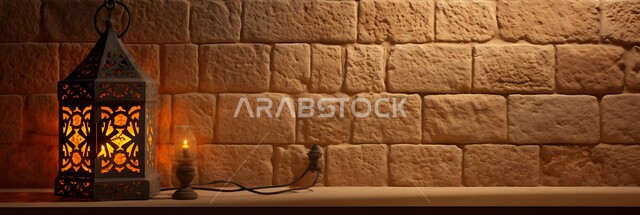  أجواء رمضانية وروحانية إسلامية، فانوس عربي معدني مزخرف مضيء معلق على جدار حجري، العادات والتقاليد العربية في زينة الأعياد والمناسبات الدينية، تحف وديكورات تقليدية للاحتفال بقدوم شهر رمضان المبارك
