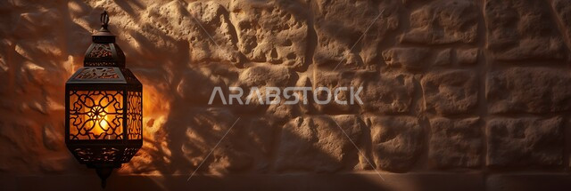 Traditional antiques and decorations to celebrate the advent of the holy month of Ramadan, a Ramadan and Islamic spiritual atmosphere, a bright ornate metal Arabic lantern hanging on a stone wall, Arab customs and traditions in decorations for holidays and religious occasions.
