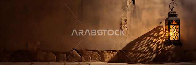  فانوس عربي معدني مزخرف مضيء معلق على جدار حجري، العادات والتقاليد العربية في زينة الأعياد والمناسبات الدينية, تحف وديكورات تقليدية للاحتفال بقدوم شهر رمضان المبارك، أجواء رمضانية وروحانية إسلامية