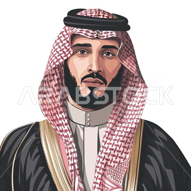 ارتداء الازياء الشعبية التقليدية، مفهوم الاناقة والاهتمام بالمظهر الخارجي، بورتريه مقرب لرجل عربي خليجي سعودي يرتدي الشماغ والبشت التقليدي ينظر الى الكاميرا بتعابير الرجولة والقوة، ايماءات الجدية والثقة بالنفس، خلفية بيضاء