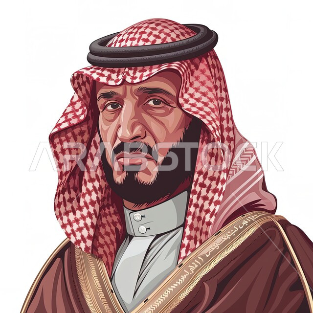 ارتداء الازياء الشعبية التقليدية، مفهوم الاناقة والاهتمام بالمظهر الخارجي، بورتريه مقرب لرجل عربي خليجي سعودي يرتدي الشماغ والبشت التقليدي ينظر الى الكاميرا بتعابير الرجولة والقوة، ايماءات الجدية والثقة بالنفس، خلفية بيضاء