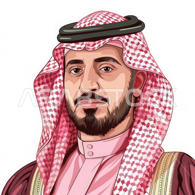 ايماءات الجدية والثقة بالنفس، ارتداء الازياء الشعبية التقليدية، مفهوم الاناقة والاهتمام بالمظهر الخارجي، بورتريه مقرب لرجل عربي خليجي سعودي يرتدي الشماغ والبشت التقليدي ينظر الى الكاميرا بتعابير الرجولة والقوة، خلفية بيضاء