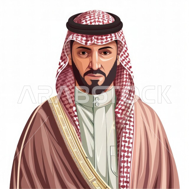 ارتداء الازياء الشعبية التقليدية، مفهوم الاناقة والاهتمام بالمظهر الخارجي، بورتريه مقرب لرجل عربي خليجي سعودي يرتدي الشماغ والبشت التقليدي ينظر الى الكاميرا بتعابير الرجولة والقوة، ايماءات الجدية والثقة بالنفس، خلفية بيضاء