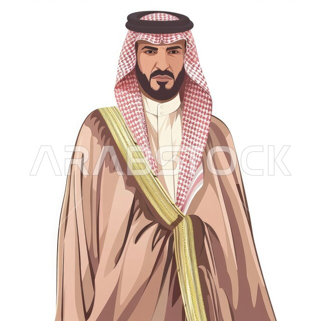 مفهوم الاناقة والاهتمام بالمظهر الخارجي، ارتداء الازياء الشعبية التقليدية، بورتريه مقرب لرجل عربي خليجي سعودي يرتدي الشماغ والبشت التقليدي ينظر الى الكاميرا بتعابير الرجولة والقوة، ايماءات الجدية والثقة بالنفس، خلفية بيضاء