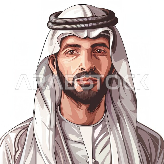 مفهوم الاناقة والاهتمام بالمظهر الخارجي، ارتداء الازياء الشعبية التقليدية، بورتريه مقرب لرجل عربي خليجي سعودي يرتدي الغترة والبشت التقليدي ينظر الى الكاميرا بتعابير الرجولة والقوة، ايماءات الجدية والثقة بالنفس، خلفية بيضاء