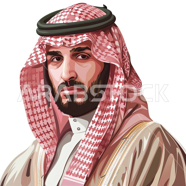 ايماءات الجدية والثقة بالنفس، ارتداء الازياء الشعبية التقليدية، مفهوم الاناقة والاهتمام بالمظهر الخارجي، بورتريه مقرب لرجل عربي خليجي سعودي يرتدي الشماغ والبشت التقليدي ينظر الى الكاميرا بتعابير الرجولة والقوة، خلفية بيضاء