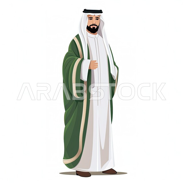 الوقوف باستقامة والنظرالى الكاميرا بتعابير الرجولة والقوة، مفهوم الاناقة والاهتمام بالمظهر الخارجي، ارتداء الازياء الشعبية التقليدية، بورتريه لرجل عربي خليجي سعودي يرتدي الغترة والبشت التقليدي بايماءات الجدية والثقة بالنفس، صورة الجسم بالطول الكامل، خلفية بيضاء