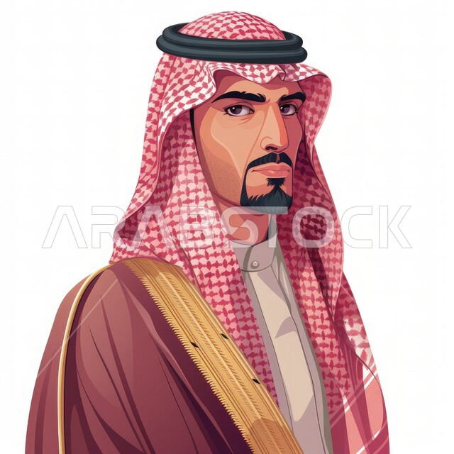 The concept of elegance and attention to external appearance, wearing traditional folk costumes, a close-up portrait of a Saudi Gulf Arab man wearing a traditional shemagh and bisht, looking at the camera with expressions of masculinity and strength, gestures of seriousness and self-confidence, a white background.