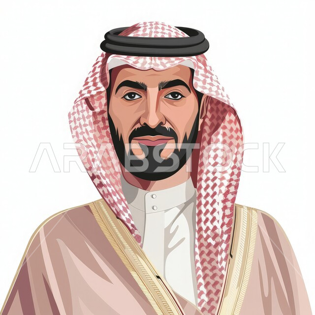 ايماءات الجدية والثقة بالنفس، ارتداء الازياء الشعبية التقليدية، مفهوم الاناقة والاهتمام بالمظهر الخارجي، بورتريه مقرب لرجل عربي خليجي سعودي يرتدي الشماغ والبشت التقليدي ينظر الى الكاميرا بتعابير الرجولة والقوة، خلفية بيضاء