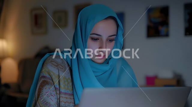 دمج العمل مع التقنية والتكنولوجيا، صورة مقربة لامرأة عربية خليجية سعودية محجبة تقوم بالعمل على الحاسوب المحمول داخل المكتب، مهن ووظائف نسائية سعودية، مفهوم إدارة شؤون الأعمال وتنظيمها عبر الاجهزة التقنية