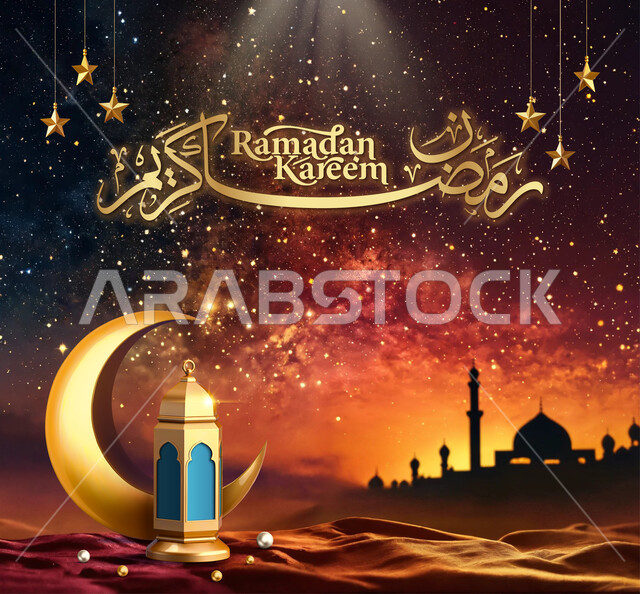 توزيعات شهر الخير، كتابة رمضان كريم باللون الذهبي باللغتين العربية والانجليزية، فانوس معدني و هلال، بطاقة تهنئة رمضانية مزخرفة، مناسبات وأعياد دينية إسلامية، نقوش وزخارف وديكورات، خلفية ملونة