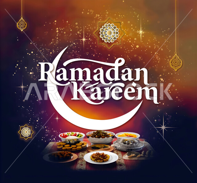 مناسبات وأعياد دينية إسلامية، توزيعات شهر الخير، كتابة رمضان كريم باللون الذهبي باللغة الانجليزية، سفرة افطار رمضانية وهلال، بطاقة تهنئة رمضانية مزخرفة، نقوش وزخارف وديكورات، خلفية ملونة