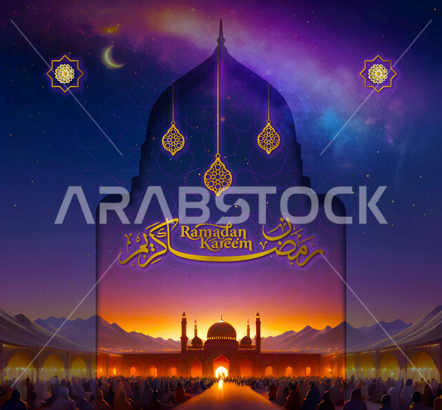 بطاقة تهنئة رمضانية مزخرفة، كتابة رمضان كريم باللون الذهبي باللغتين العربية والانجليزية، توزيعات شهر الخير، مناسبات وأعياد دينية إسلامية، نقوش وزخارف وديكورات، خلفية ملونة