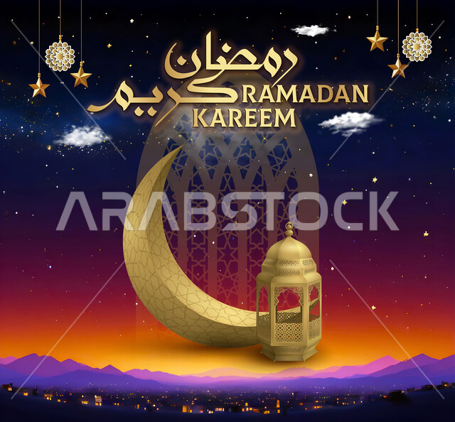 Metal lantern and crescent, decorated Ramadan greeting card, writing Ramadan Kareem in gold in Arabic and English, distributions of the month of goodness, Islamic religious occasions and holidays, engravings, ornaments and decorations, colored background.