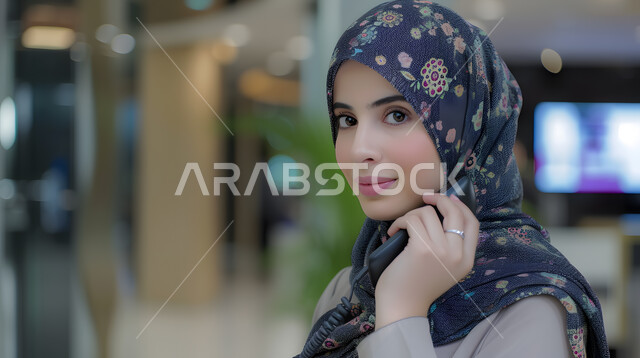 The concept of femininity, softness, and attention to external appearance, modern fashion and veils, a close-up photo of a veiled Saudi Gulf Arab woman looking at the camera with gestures of self-confidence.