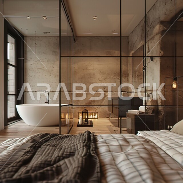 غرفة نوم فاخرة في فندق مع سرير كبير مريح، أثاث منزلي راقي، حمام مع جدار زجاجي أسود وأرضية خشبي، ديكورات داخليه أنيقة، غرف بتصاميم عصرية حديثه فاخرة، 