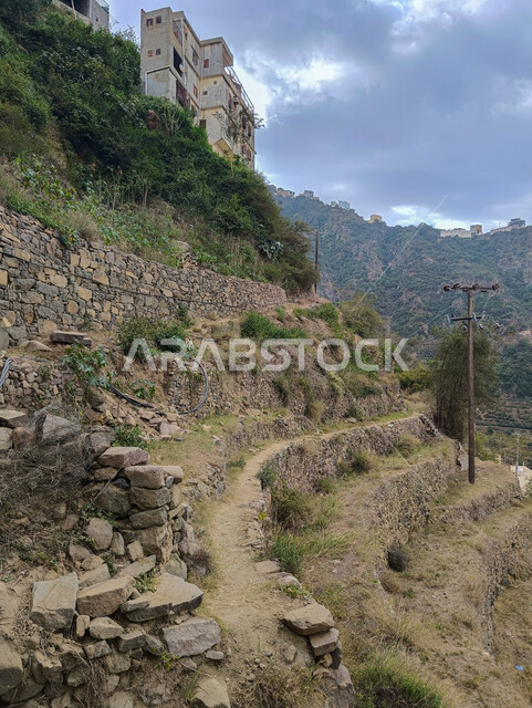 الأشجار والنباتات الخضراء، التشكلات الصخرية والمدرجات الزراعية في المملكة العربية السعودية، البيوت على القمم والمرتفعات الجبلية في محافظة فيفاء، سفوح الجبال في مدينة جازان، خلفية الطبيعة