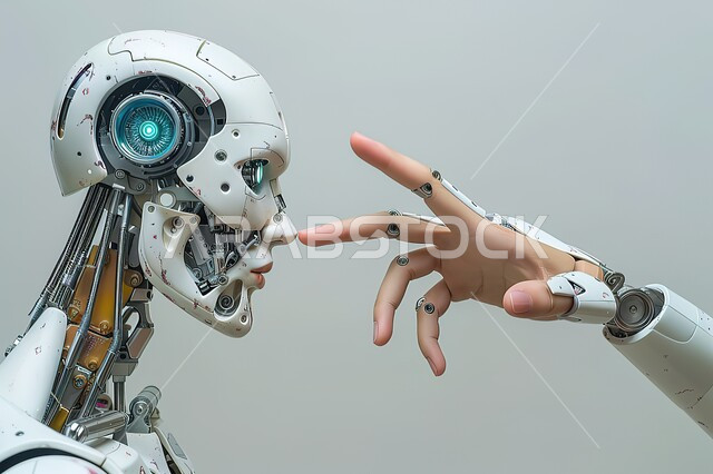 تطور الذكاء الاصطناعي والتعاون بينها وبين البشر، رؤية مستقبلية 2030، التحول الرقمي والتقدم التقني، تحقيق الثورة الصناعية، الابتكار والعلوم والتكنولوجيا، صورة مقربة لروبوت يحمل اصبع بشريا , تقدم التقنيات الحديثة, خلفية بيضاء