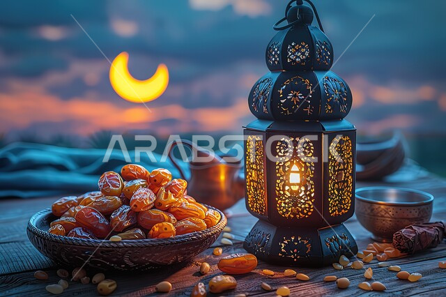 A decorative metal Arabic lantern illuminated at sunset, traditional Islamic lanterns to celebrate the coming of the month of goodness, lights in the spiritual Ramadan atmosphere, hospitality for the holy month of Ramadan, antiques and accessories next to a fruit platter