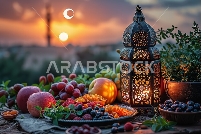 فوانيس اسلامية تقليدية للاحتفال بقدوم شهر الخير, أنوار في الأجواء الرمضانية الروحانية، ضيافة شهر رمضان المبارك، التحف والاكسسوارات بجانب طبق الفواكه، فانوس عربي معدني مزخرف مضيئ وقت غروب الشمس