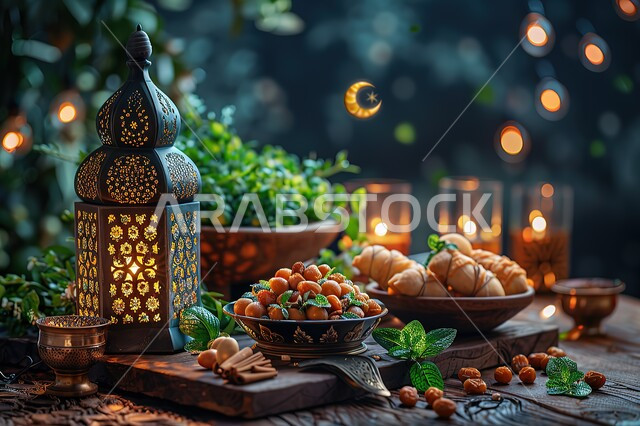 فانوس عربي معدني مزخرف مضيئ ,فوانيس اسلامية تقليدية للاحتفال بقدوم شهر الخير, أنوار في الأجواء الرمضانية الروحانية، ضيافة شهر رمضان المبارك، التحف والاكسسوارات بجانب اطباق متنوعه