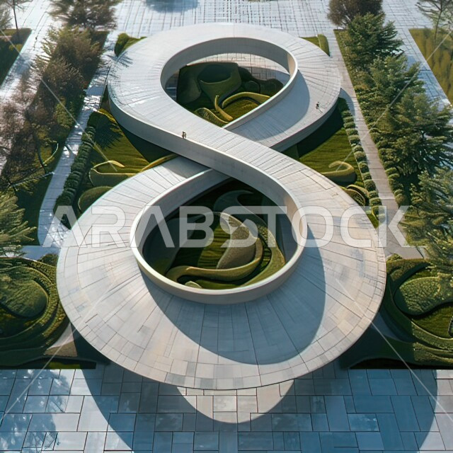 الاشجار والنباتات الخضراء، التصاميم والديكورات المميزة للحدائق، الاهتمام بالمظهر الخارجي للمنتزهات، صورة جوية لمجسم لاشارة اللانهاية في وسط حديقة في المملكة العربية السعودية
