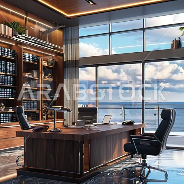 تصميم عصري حديث لمكاتب الشركات السعودية، غرف مكتبية بتصاميم داخلية وديكورات كلاسيكية راقية، مكتب عمل بأثاث أنيق ومريح، رفوف كتب ضخمة، تحف وإكسسوارات فاخرة، نافذة كبير مطلة على البحر، كرسي جلدي باللون الأسود