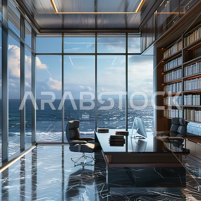 نافذة كبير مطلة على البحر، كرسي جلدي باللون الأسود، رفوف كتب ضخمة، تحف وإكسسوارات فاخرة، تصميم عصري حديث لمكاتب الشركات السعودية، غرف مكتبية بتصاميم داخلية وديكورات كلاسيكية راقية، مكتب عمل بأثاث أنيق ومريح