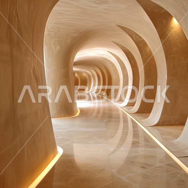 الفن الهندسي المعماري للمباني و المنشآت، صورة من داخل مبنى حديث على شكل نفق، ممرات متفرعة بهيئة انفاق، ديكور داخلي بتصميم فريد ومميز