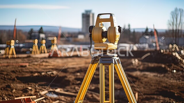 Drawing up a plan to start work, a building under construction, a close-up of a construction site scanning device, the concept of architectural engineering, architectural engineering development in the Kingdom of Saudi Arabia, engineering professions and jobs