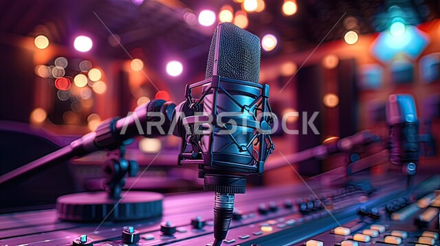 A close-up of an old microphone on a wooden table, singing and entertainment in restaurants, interior decor with distinctive designs and bar lights.