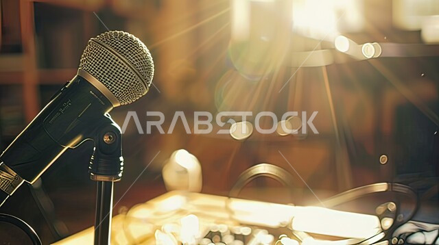 الغناء و الترفيه في المطاعم، صورة مقربة لمايكروفون قديم على طاولة خشبية، ديكور داخلي بتصاميم مميزة و اضواء لحانة