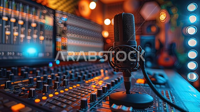 استديو تسجيل الصوت في المملكة العربية السعودية، صورة مقربة لمايكروفون، استخدام التكنولوجيا الحديثة في التحكم والتعديل على الأصوات، الأضواء الملونة في الخلفية