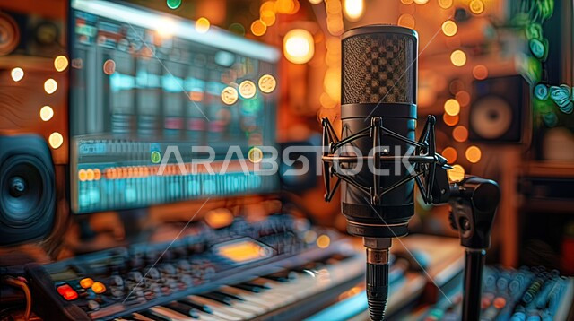 استخدام التكنولوجيا الحديثة في التحكم والتعديل على الأصوات، استديو تسجيل الصوت في المملكة العربية السعودية، صورة مقربة لمايكروفون،  الأضواء الملونة في الخلفية