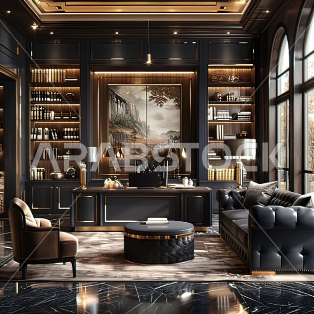 Distinctive antiques and decorations, a living room with a wall painting, elegant interior decorations, residential apartments and villas in Saudi Arabia, living rooms with modern, luxurious designs, elegant home furniture in black with golden pillows