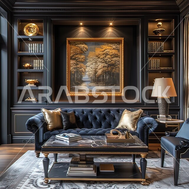 غرفة جلوس مع لوحة جدارية، ديكورات داخليه أنيقة، شقق وفلل سكنية في السعودية، غرف معيشه بتصاميم عصرية حديثه فاخرة، أثاث منزلي راقي باللون الأسود مع وسائد ذهبية، التحف و الديكورات المميزة