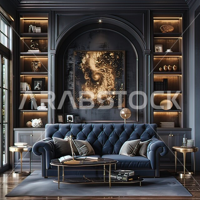 ديكورات داخليه أنيقة، شقق وفلل سكنية في السعودية، غرف معيشه بتصاميم عصرية حديثه فاخرة، أثاث منزلي راقي باللون الأسود مع وسائد ذهبية، التحف و الديكورات المميزة،غرفة جلوس مع لوحة جدارية