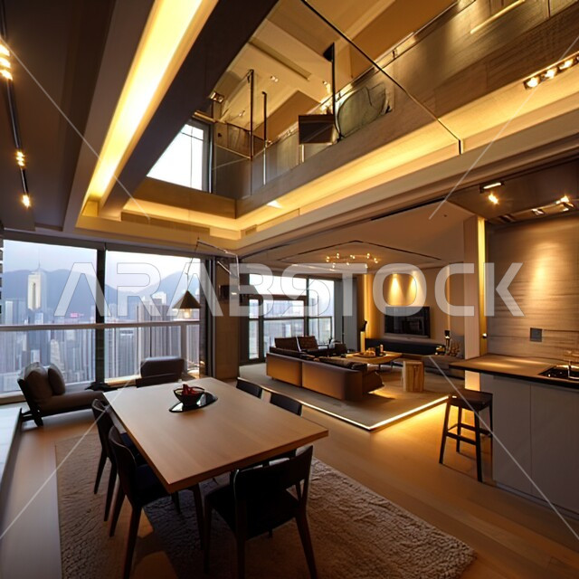 Dining room with modern, luxurious designs, distinctive antiques and decorations, wooden chairs and table, elegant interior decor, residential apartments and villas in Saudi Arabia, high-end home furniture