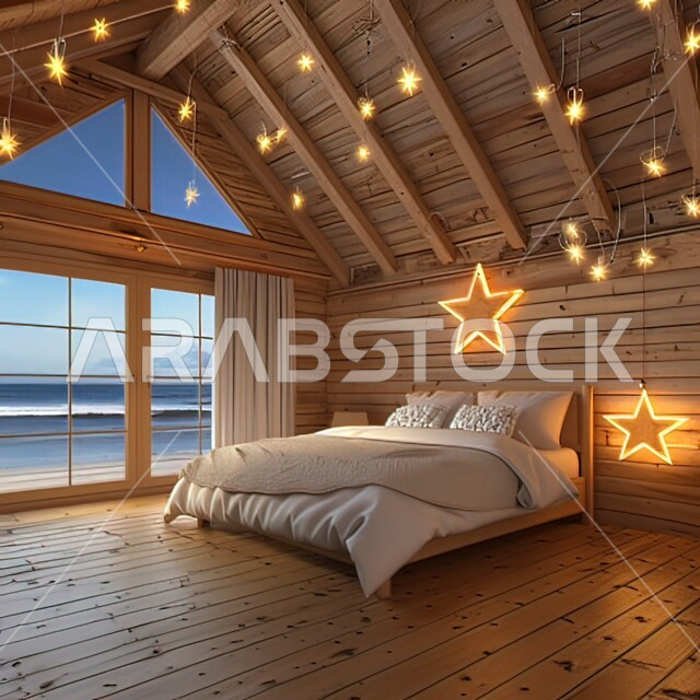 Bedroom in the attic with a sea view, rooms with simple modern designs, interior home decor, upscale home furniture, comfortable bed with pillows, residential apartments and villas, use of star-shaped string lights for decoration