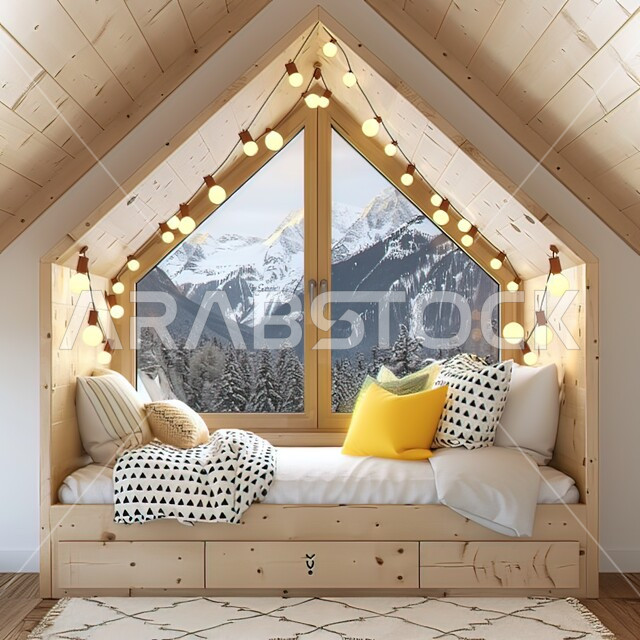 Using string lights for decoration, bedroom in the attic with a view of the mountains, rooms with simple modern designs, interior home decor, high-end home furniture, comfortable bed with pillows, residential apartments and villas