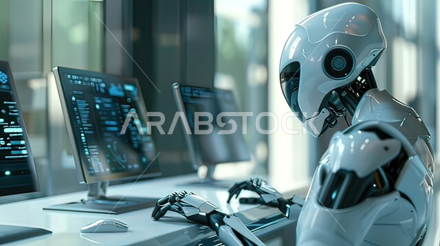 رجل آلي حديث ومتطور بتقنيات عالية يجلس في المكتب يعمل على جهاز الحاسوب، التطور التكنولوجي وتحقيق الثورة الصناعية، تصاميم ثلاثية الأبعاد للروبوتات المستقبلية، الابتكار والعلوم وتكنولوجيا الذكاء الاصطناعي, رؤية سعودية 2030