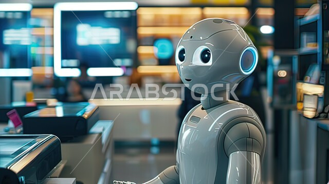 التطور التكنولوجي وتحقيق الثورة الصناعية، رجل آلي حديث ومتطور بتقنيات عالية يعمل في صالة المطار، تصاميم ثلاثية الأبعاد للروبوتات المستقبلية، الابتكار والعلوم وتكنولوجيا الذكاء الاصطناعي, رؤية سعودية 2030