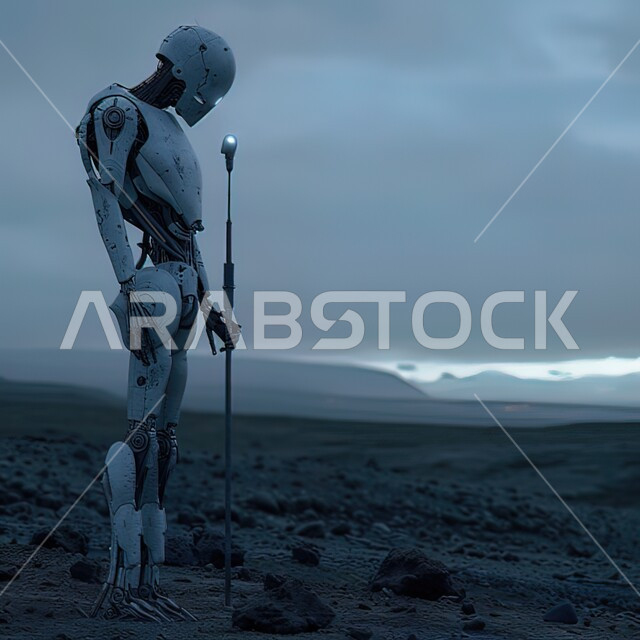 رؤية سعودية 2030، روبوت رائد فضاء يقف على القمر، التطور التكنولوجي وتحقيق الثورة الصناعية، رجل آلي حديث ومتطور بتقنيات عالية، تصاميم ثلاثية الأبعاد للروبوتات المستقبلية، الابتكار والعلوم وتكنولوجيا الذكاء الاصطناعي