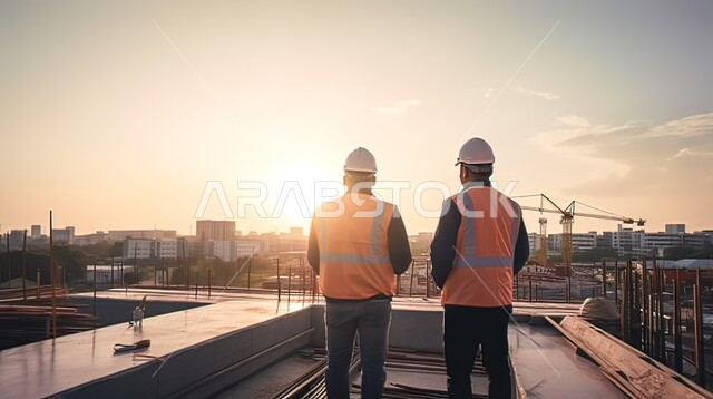 تجهيز خطط استراتيجية، مهن ووظائف هندسية، اجتماع مهندس استشاري عربي خليجي سعودي مع المقاول المحترف، ارتداء سترة واقية وخوذة السلامة، العمل في موقع البناء، خلفية غروب الشمس