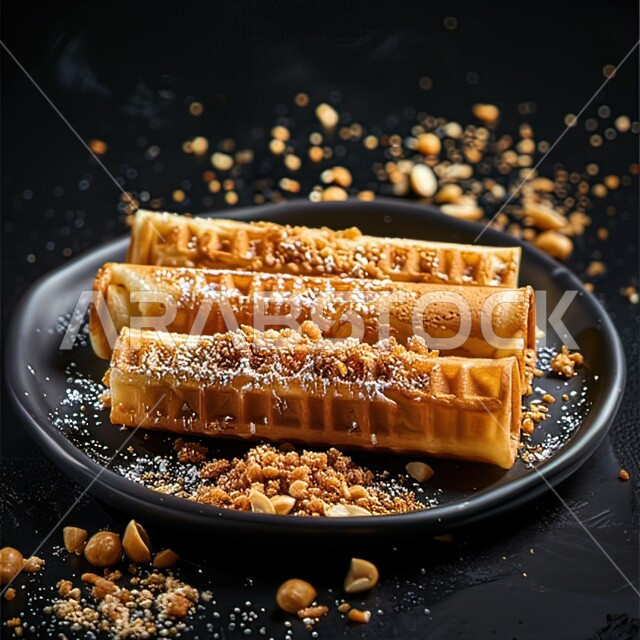 طرقة تقديم الحلويات في المطاعم والمقاهي في المملكة العربية السعودية، رول من الوافل الشهي، صورة مقربة لطبق من حلا الكريب  الحليب اللذيذ المحشي بالشوكولاته السائله والمكسرات