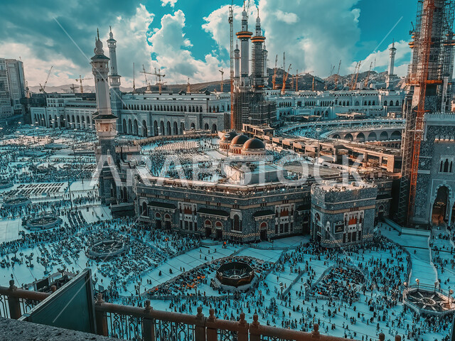 Sacred Islamic religious cities and landmarks, performing the Hajj and Umrah rituals, an aerial photo of the ongoing works in the Holy Mosque of Mecca in Mecca in the Kingdom of Saudi Arabia, Islamic style architectural art of domes and minarets