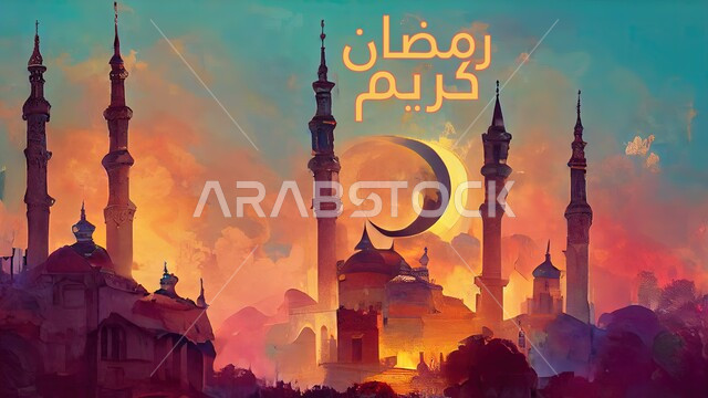 عبارات ونصوص باللغه العربيه، تهنئات ومباركات بالمناسبات والأعياد الدينية الاسلامية, بطاقة مباركة رمضانية مزخرفه القبب والمآذن وهلال الشهر, مخطوطة رمضان كريم بالخط العربي الاصيل, خلفية المساجد والهلال
